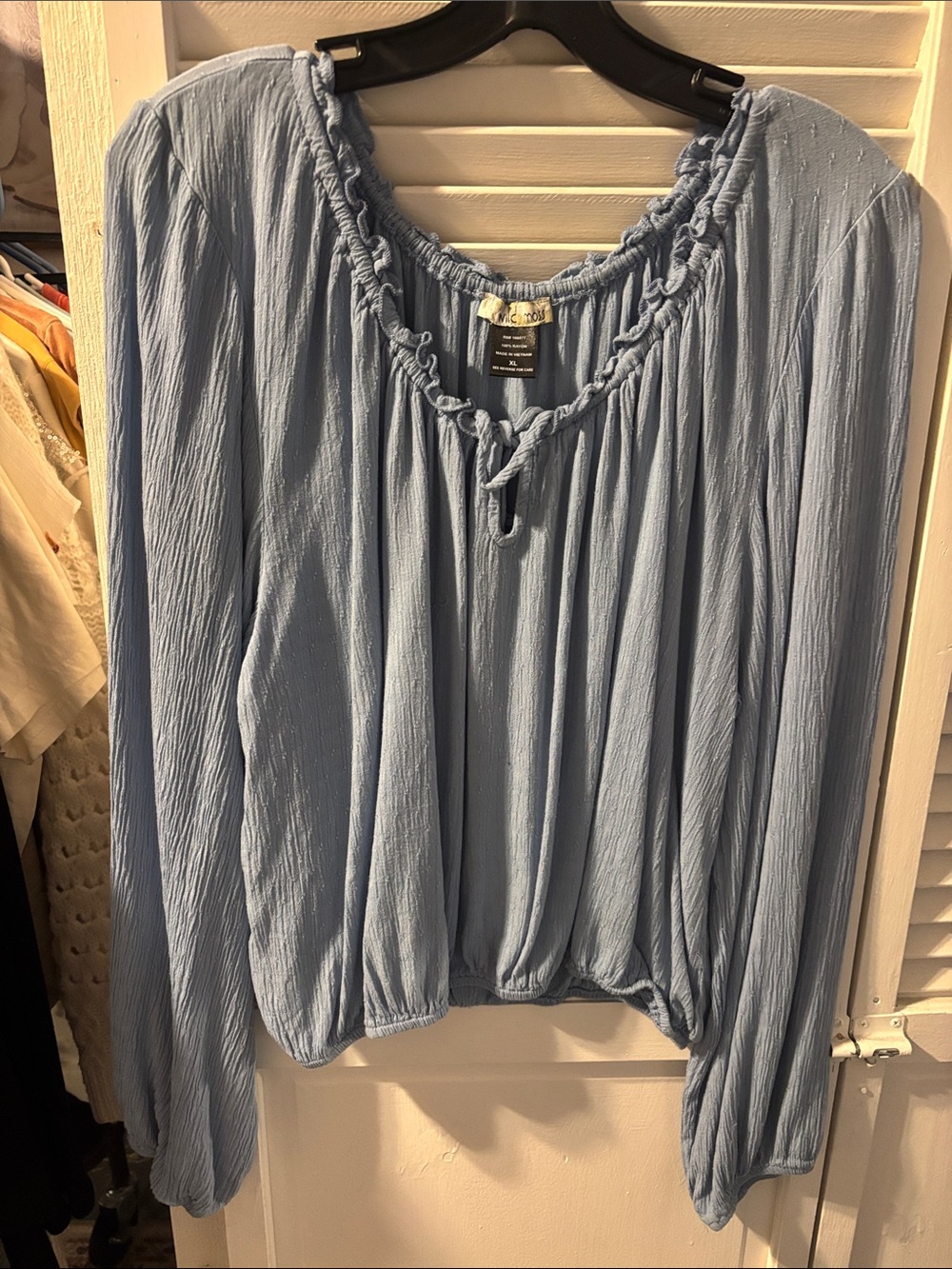 Relaxed Light Blue Peasant Tunic Top with Ruching